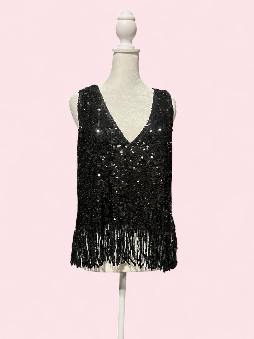 Medium Black Sequin Fringe V-Neck Women's Top